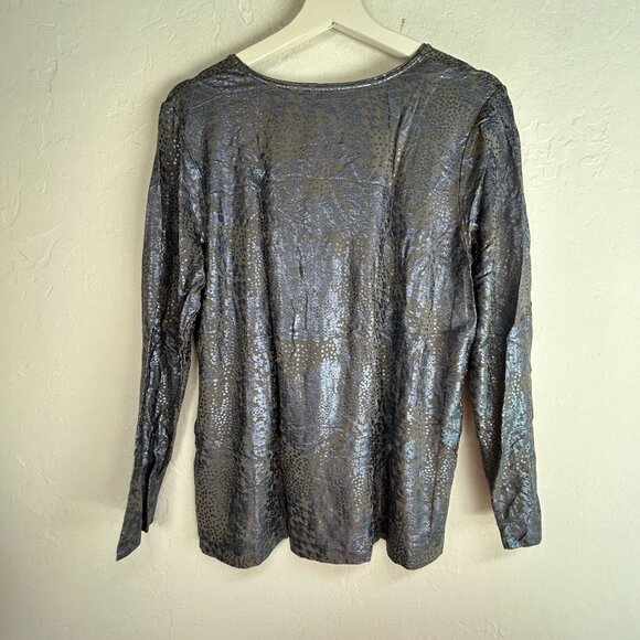 Chico's Womens Metallic Leopard Print Long Sleeve Top Size 2, Large Gray Stretch - Picture 2 of 7